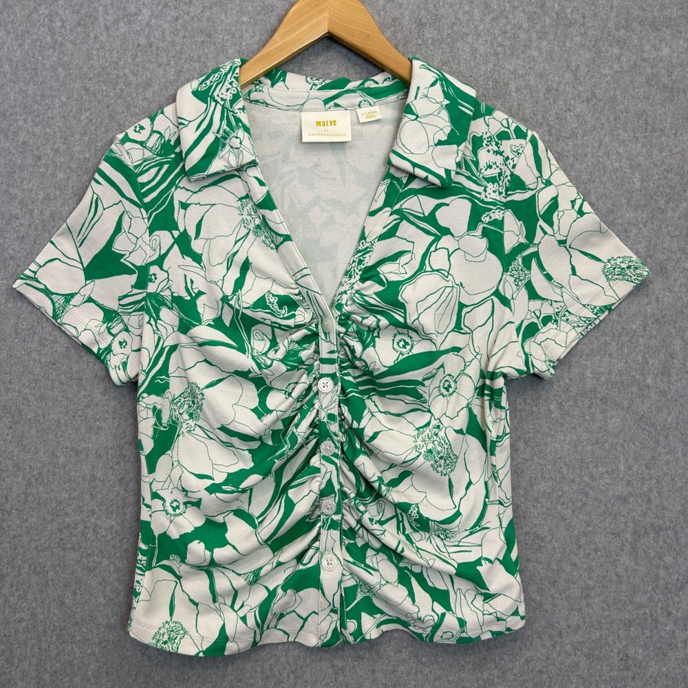 Maeve Anthropologie Floral Ruched Button Front Top Blouse Green White Womens XL